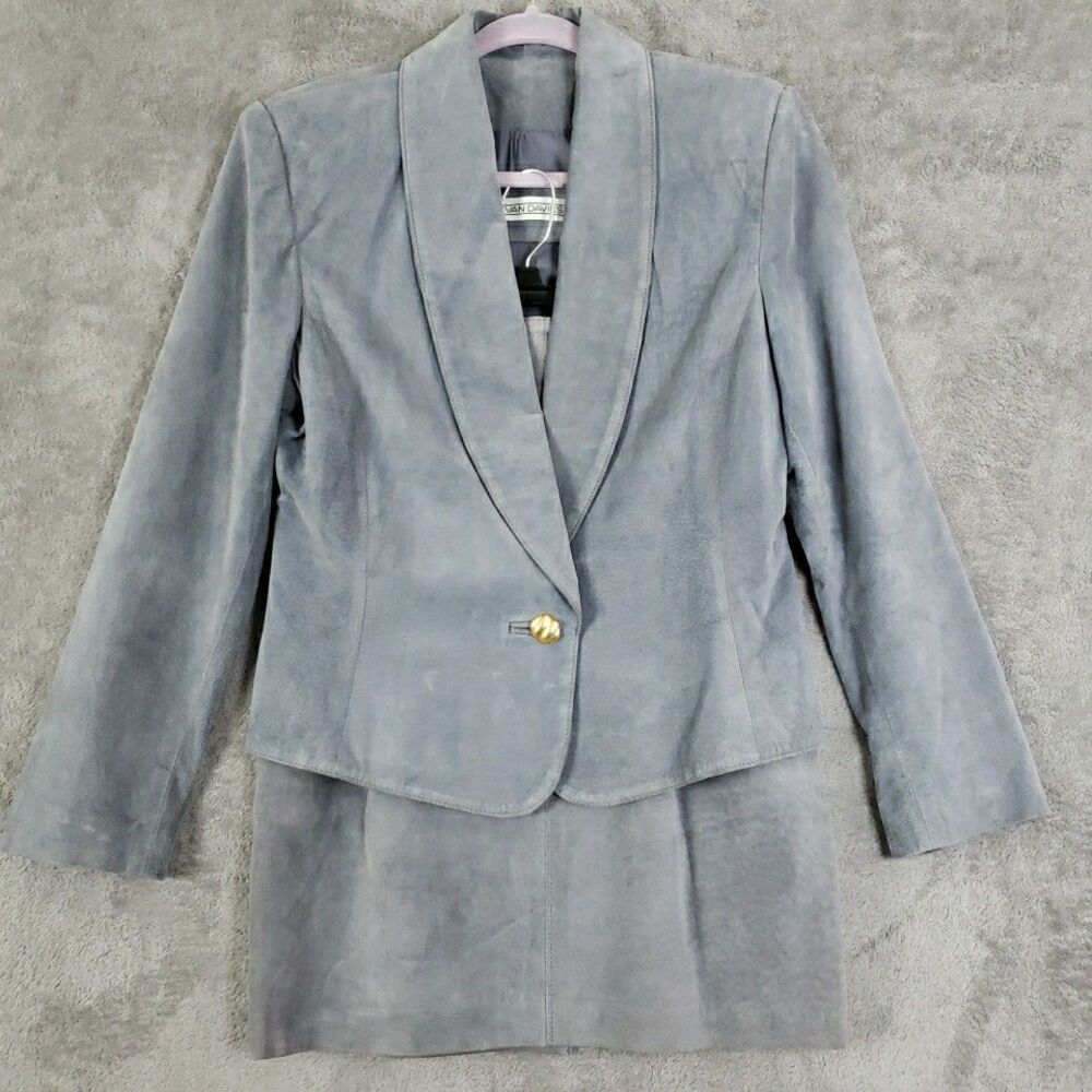 Evan Davies Women Skirt Suit Gray Silky Pig Suede Leather 90's VTG